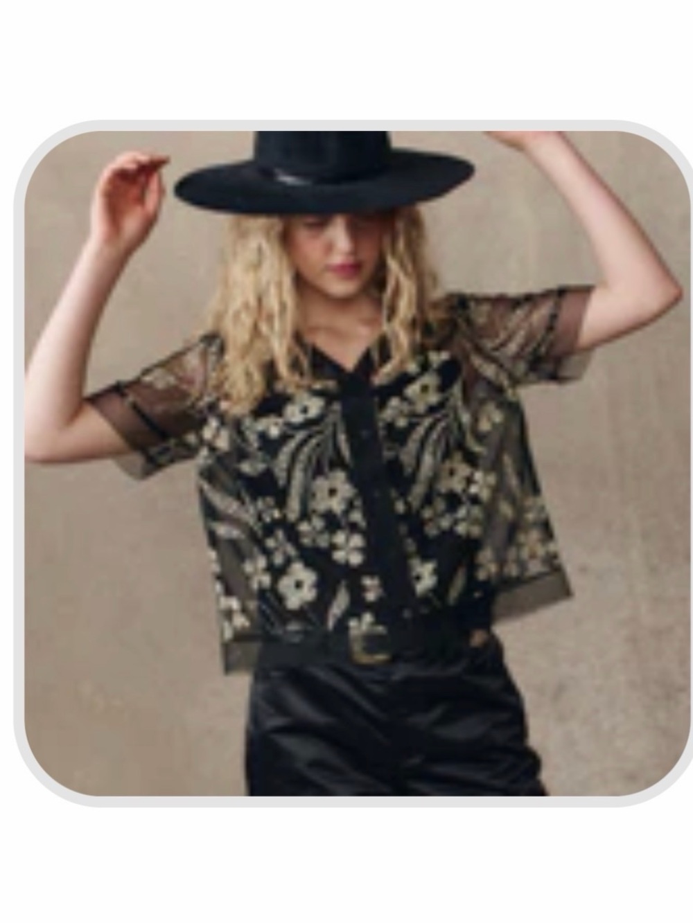 THE GREAT. Black Sheer Floral Embroidered Button-Down Top